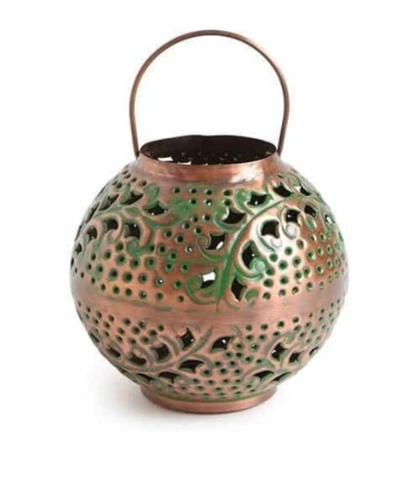 Antique Copper Iron Lantern With Handle In Green Patina Finish (Dia - 8in, H - 7.5in) -  Free Size, Metal, Antique, Pack of 1